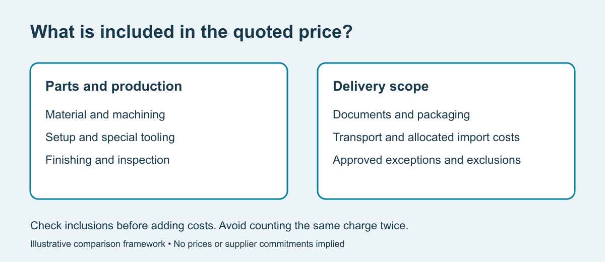 Quotation scope diagram separating production charges from delivery scope and reminding buyers to avoid double counting.