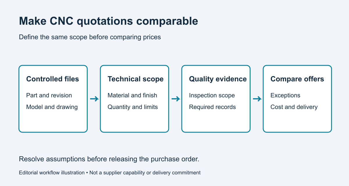 RFQ workflow from controlled files through technical scope and quality evidence to comparable quotations.